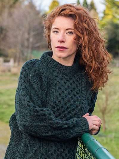 Ladies Green Aran Handknit Crew Sweater