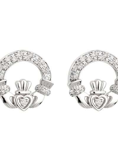 14k White Gold Diamond Claddagh Earrings