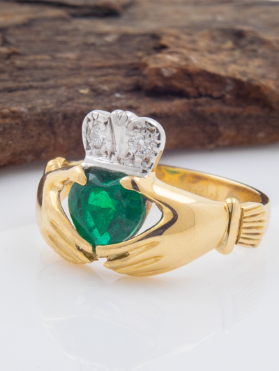 14K Gold Claddagh Ring with Emerald Heart and Diamond Accents