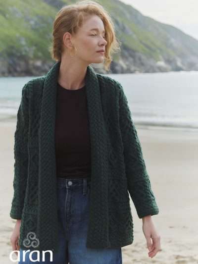 forest green ladies wool cardigan with shawl collar and cable knit design