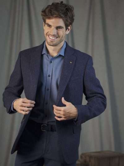 Men’s Tweed Blazer in Blue Herringbone, Classic Fit, 100% Wool, Made in Donegal, Ireland, Moriarty’s Irish Gifts.