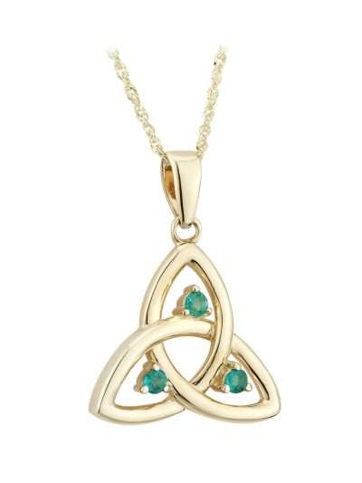 14K gold Trinity Knot pendant with emeralds, Celtic necklace representing mind, body, and spirit