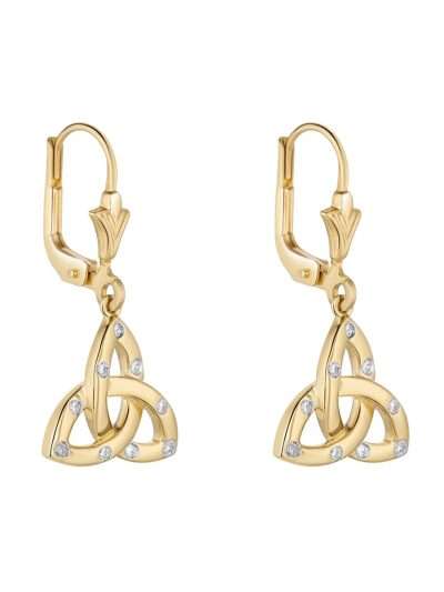 14K gold Trinity Knot drop earrings with flush-set diamonds, Irish Celtic design