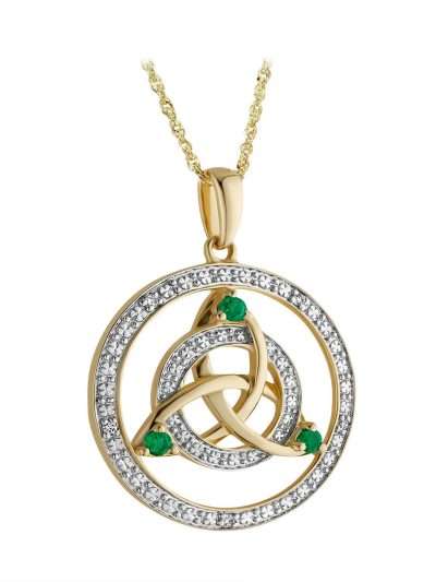 14K Gold Trinity Knot Circle Pendant featuring Emeralds and Flush-Set Diamonds