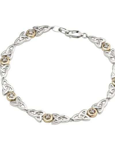 Sterling silver and 10K gold Celtic Trinity Knot bracelet with diamonds, made in Ireland.