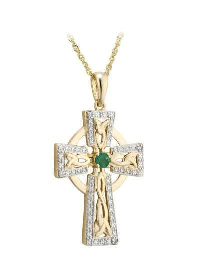 Large 14K Gold Celtic Cross Necklace with Emerald Center and Flush-Set Diamonds.