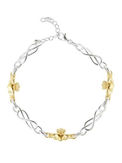 Gold and silver Claddagh linked bracelet with diamonds, 10K gold and sterling silver, Irish hallmarked