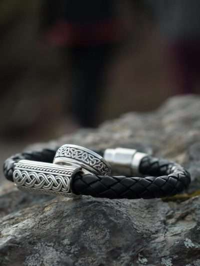Men’s Celtic bracelet with sterling silver Celtic Knot and black leather band