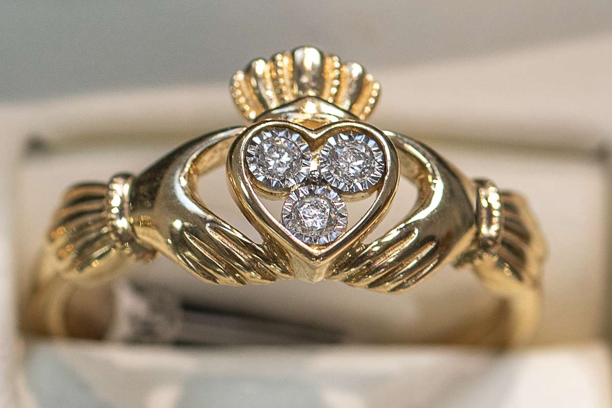 Celtic Claddagh ring at Moriarty’s Irish Gifts in Adare – handcrafted Irish jewellery symbolizing love and loyalty.