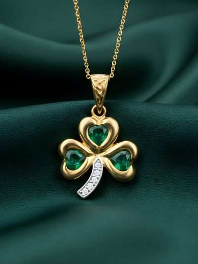 14K Gold Shamrock Pendant with Emeralds and Diamonds