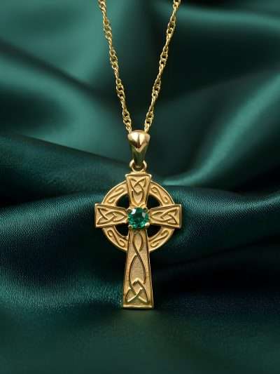 14K Gold Celtic Cross Pendant with Emerald