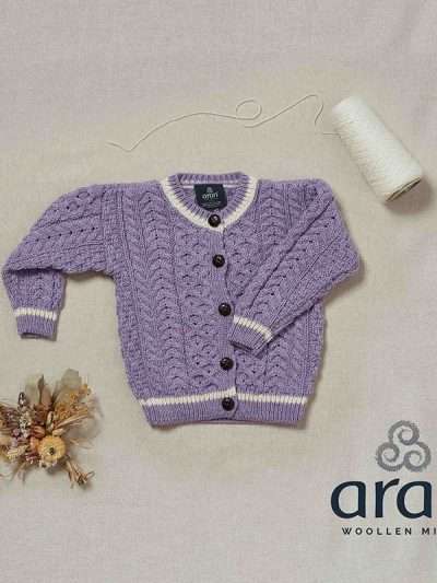 lilac children’s wool cardigan with natural white stripe detail